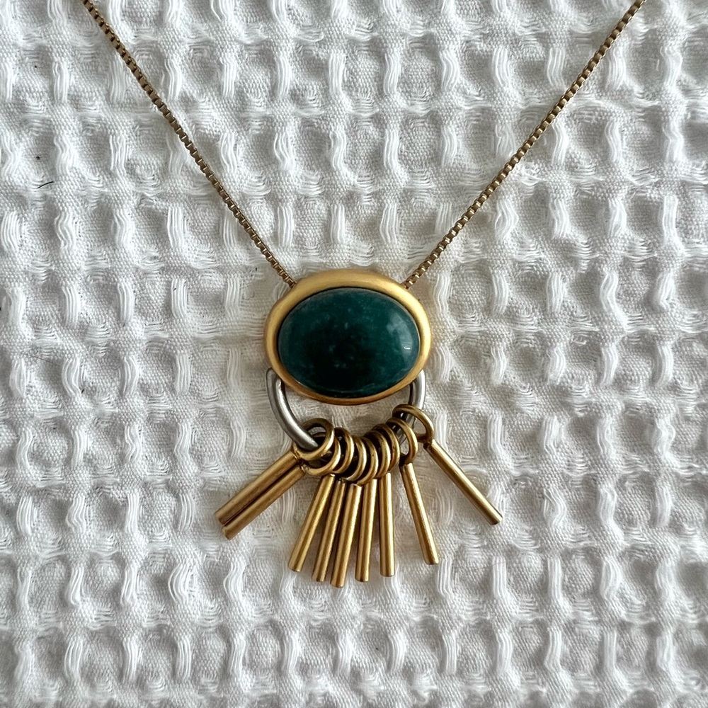Madewell Hanging Charms on Green Cabochon  Brass Tone Pendant Necklace
